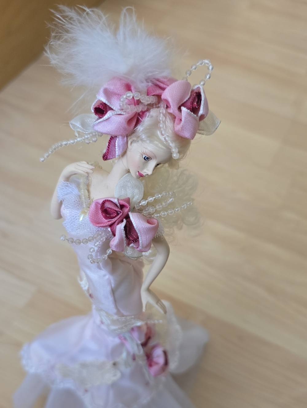 Victorian Pink Porcelain Fashion Doll with Satin Gown and Floral Accents